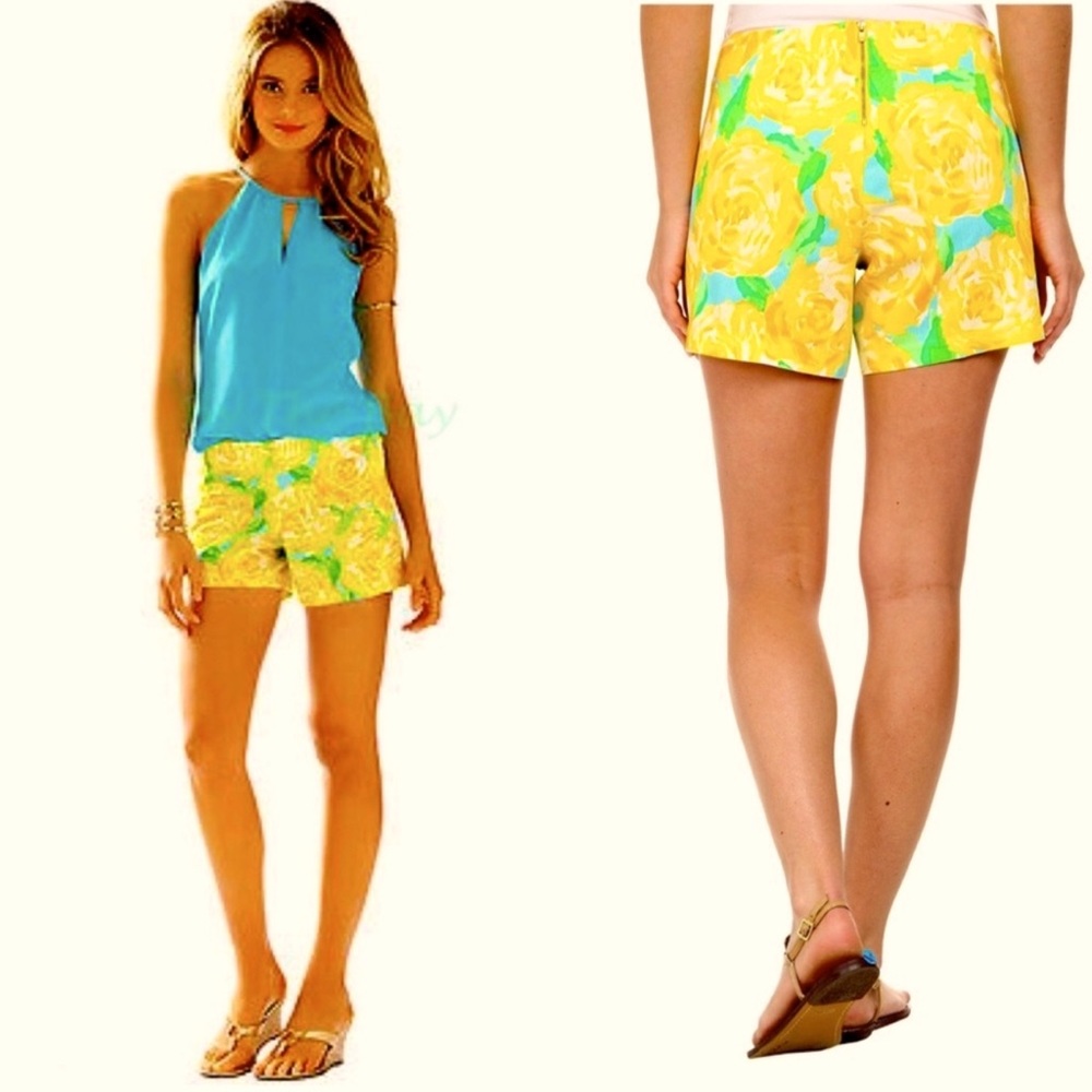 Lilly Pulitzer Yellow Rose Shorts "Deenie" rear zip
Flat front
Size 8